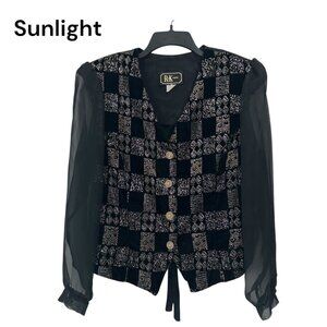 VINTAGE 90' R&K Evenings Black & Gold Sheer Sleeve Buttoned Blouse SZ X-Large
